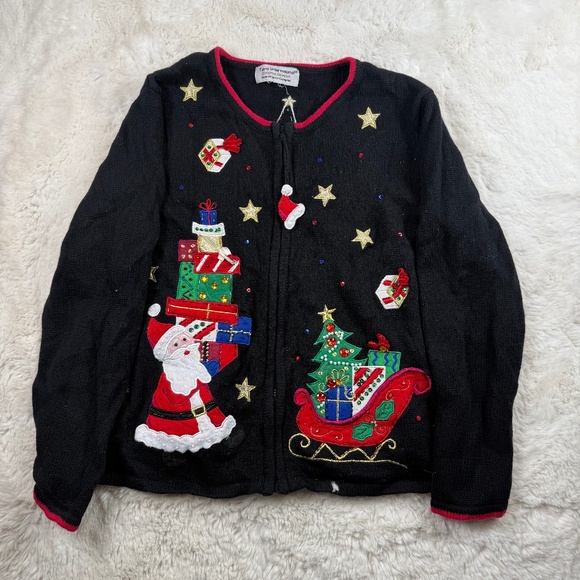 Tiara International Christmas Vintage Santa Sweater Full Zip Cardigan Women's L - Picture 1 of 6
